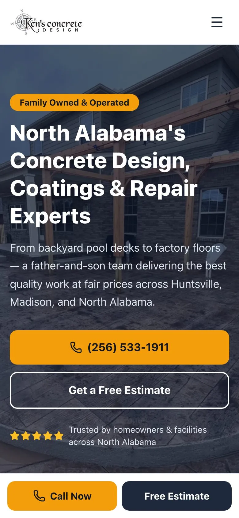 The Ken's Concrete Design homepage on a phone
