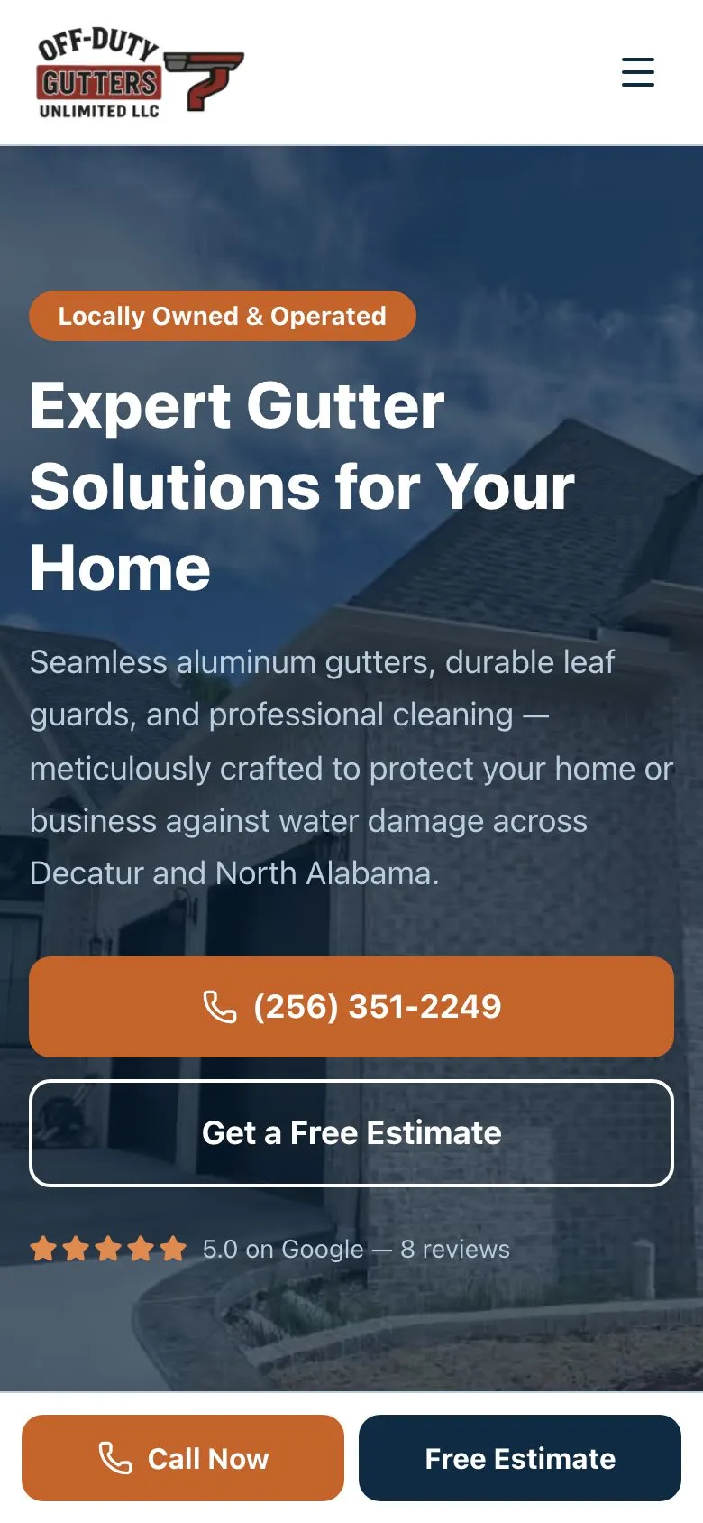 The Off Duty Gutters Unlimited homepage on a phone